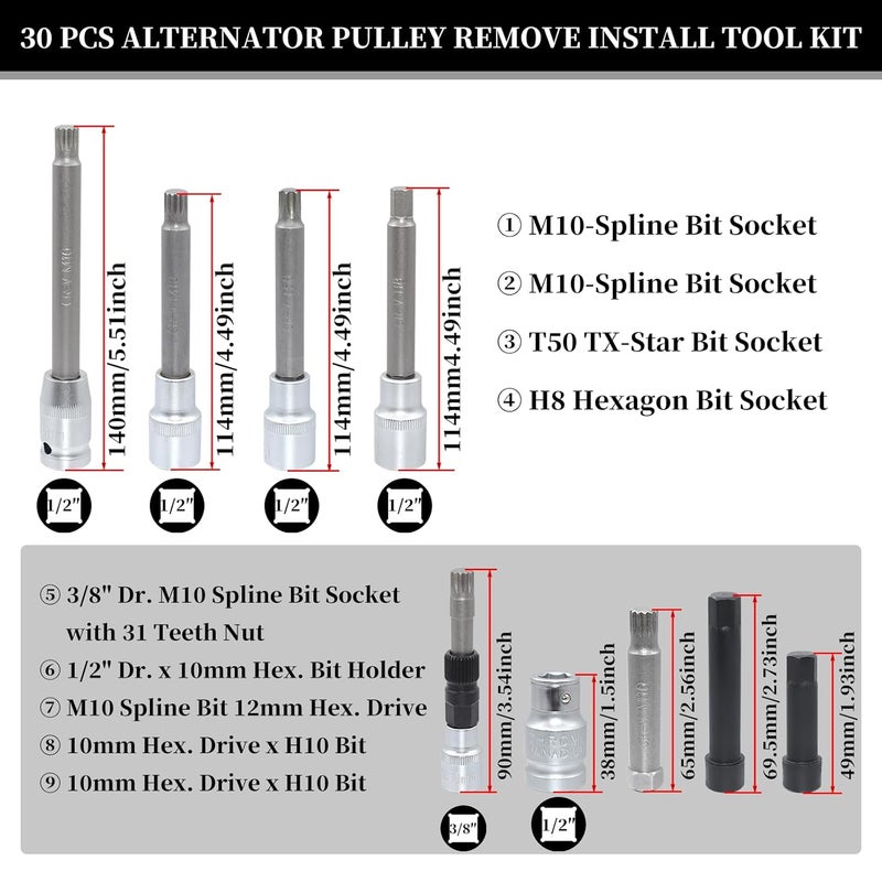 Yuesstloo 30PCS Alternator Pulley Remove Install Tool Kit, Compatible with VW Audi Ford BMW Benz Volvo GM Toyota Buick Chevrolet, Alternator Decoupler Pulley Tool, Clutch Freewheel Removal Socket Bit Set - Image 3
